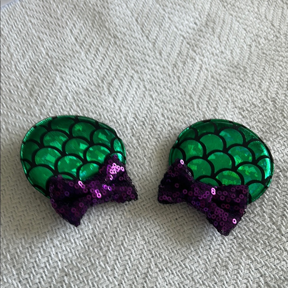 Green Mermaid Scale Mouse Ear Hair Clips with Purple Bows